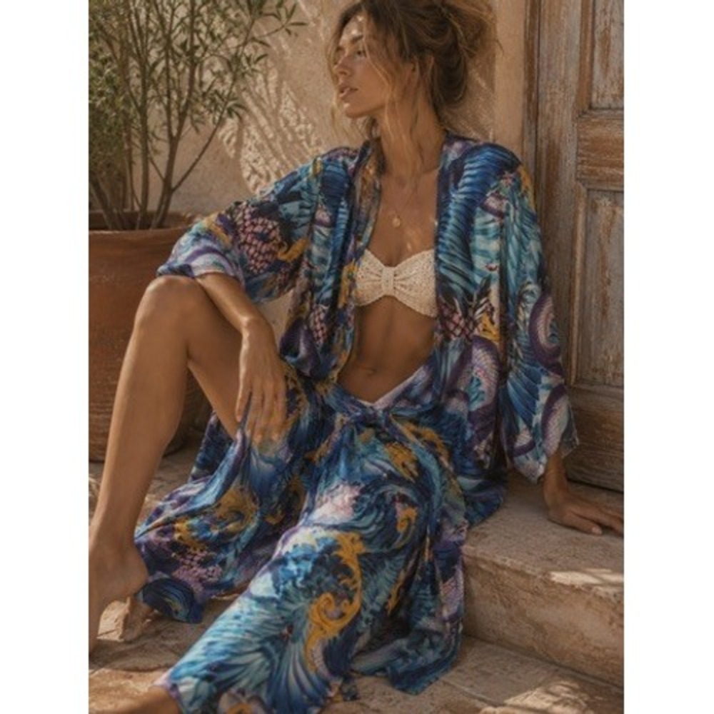 Dolcessa Viper Coverup Long Kimono Maxi Blue Purple Snake Print NWT Large